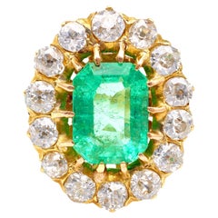 Vintage Victorian Revival GIA 2.50 Carat Colombian Emerald Diamond 18k Gold Cluster Ring