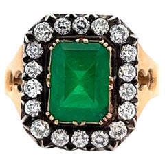 Victorian Revival GIA Brazilian Emerald Diamond Silver Yellow Gold Cluster Ring