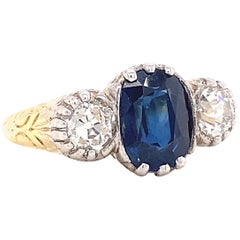 Victorian Revival GIA No Heat Sapphire Diamond Three Stone 14 Karat Gold Ring