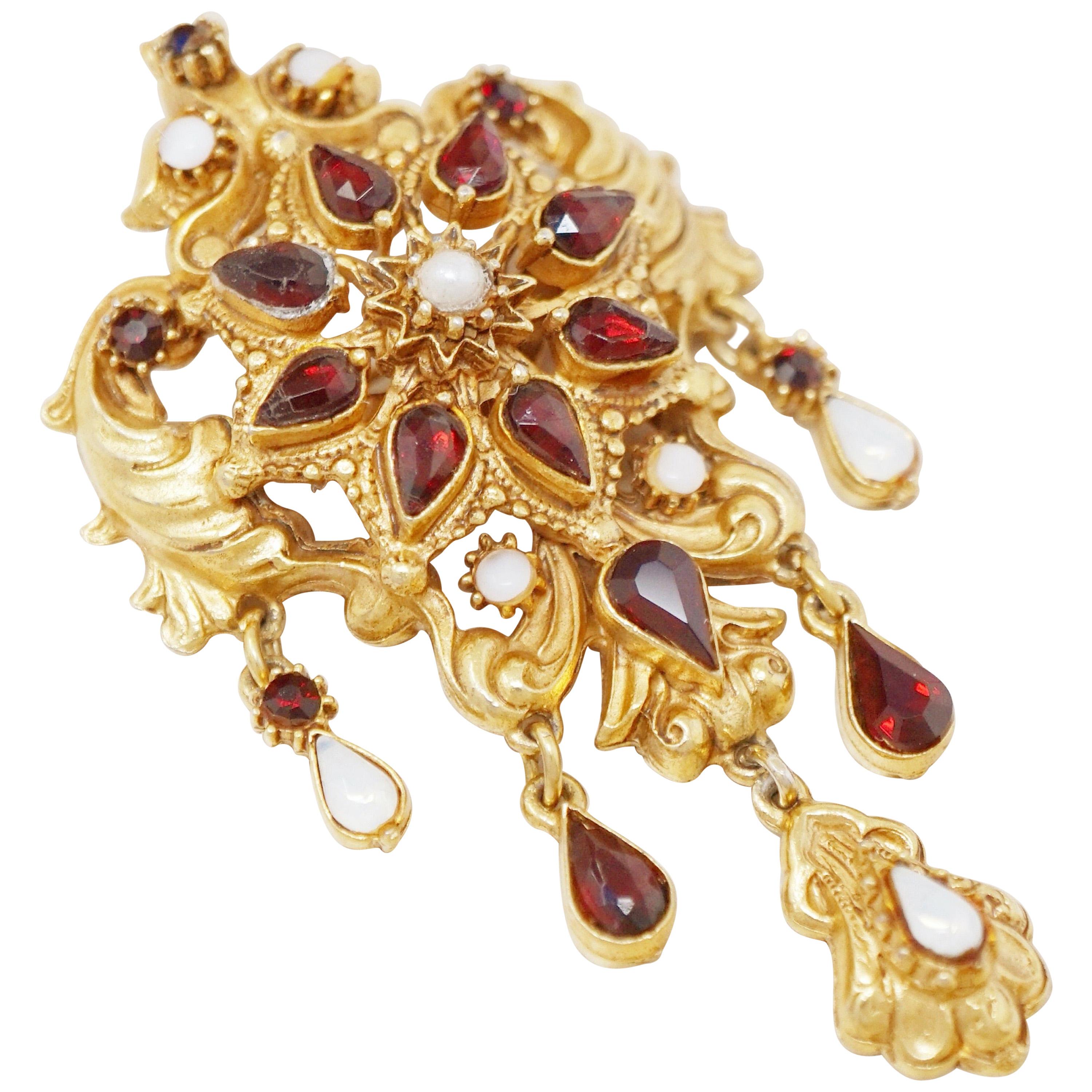 Victorian Revival Gilt Brooch with Garnet & Opal Rhinestones by Florenza, 1960s For Sale