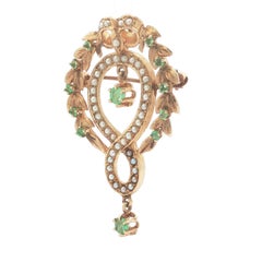 Victorian Revival Gold Emerald & Seed Pearl Infinity Wreath Bow Brooch Pendant
