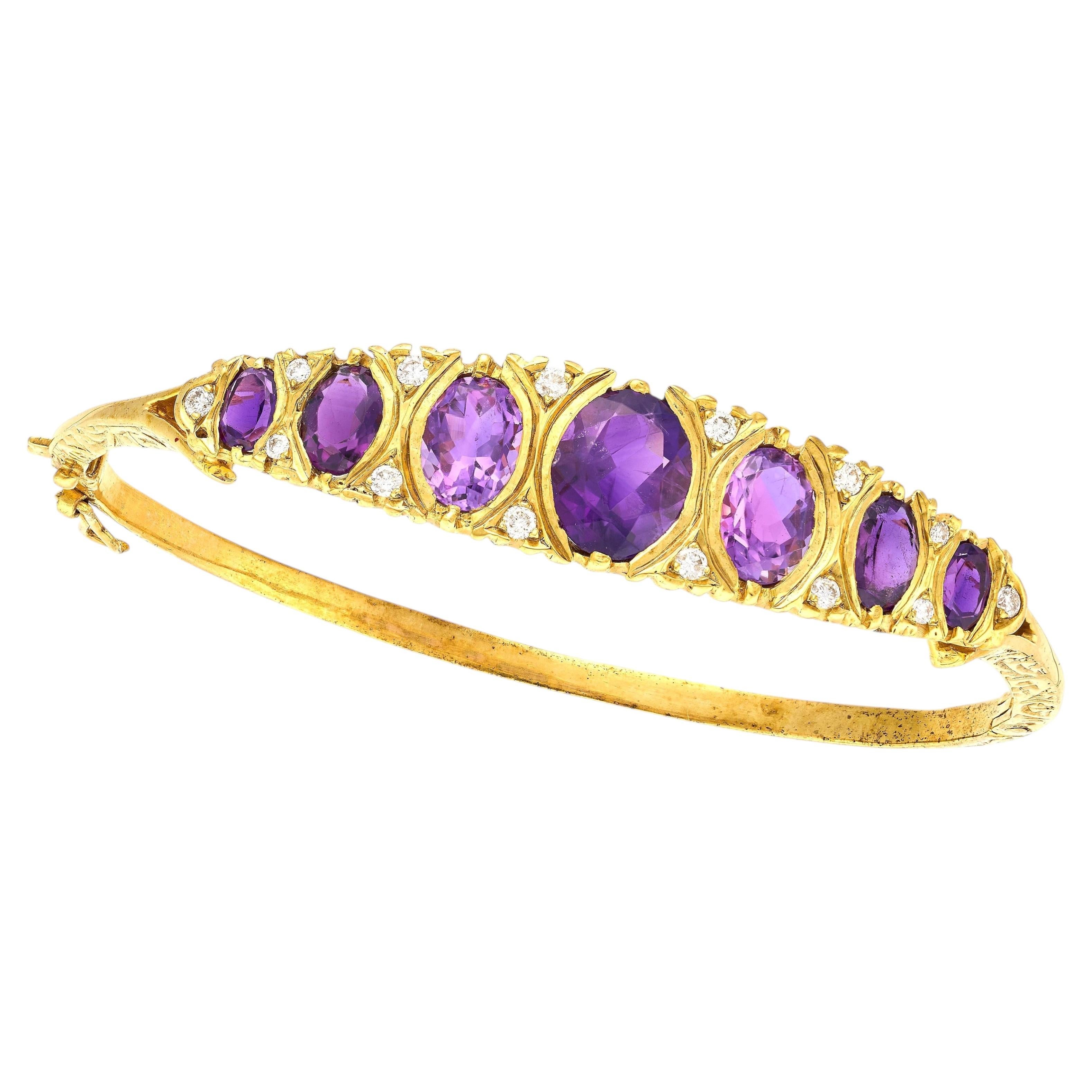 Victorian Revival Gold Graduated Amethyst & Diamond Hinged Bangle