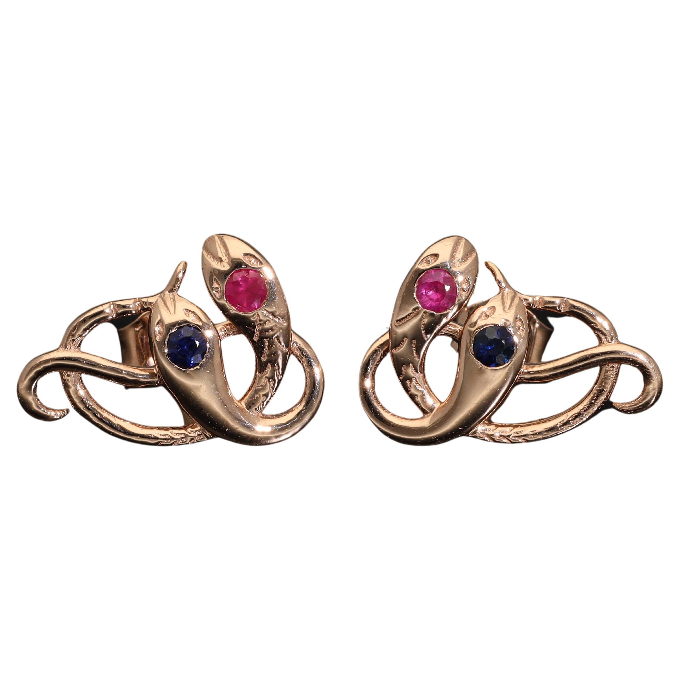 Victorian Revival Gold Snake Stud Earrings Ruby Sapphire Rose Gold Serpent Studs For Sale