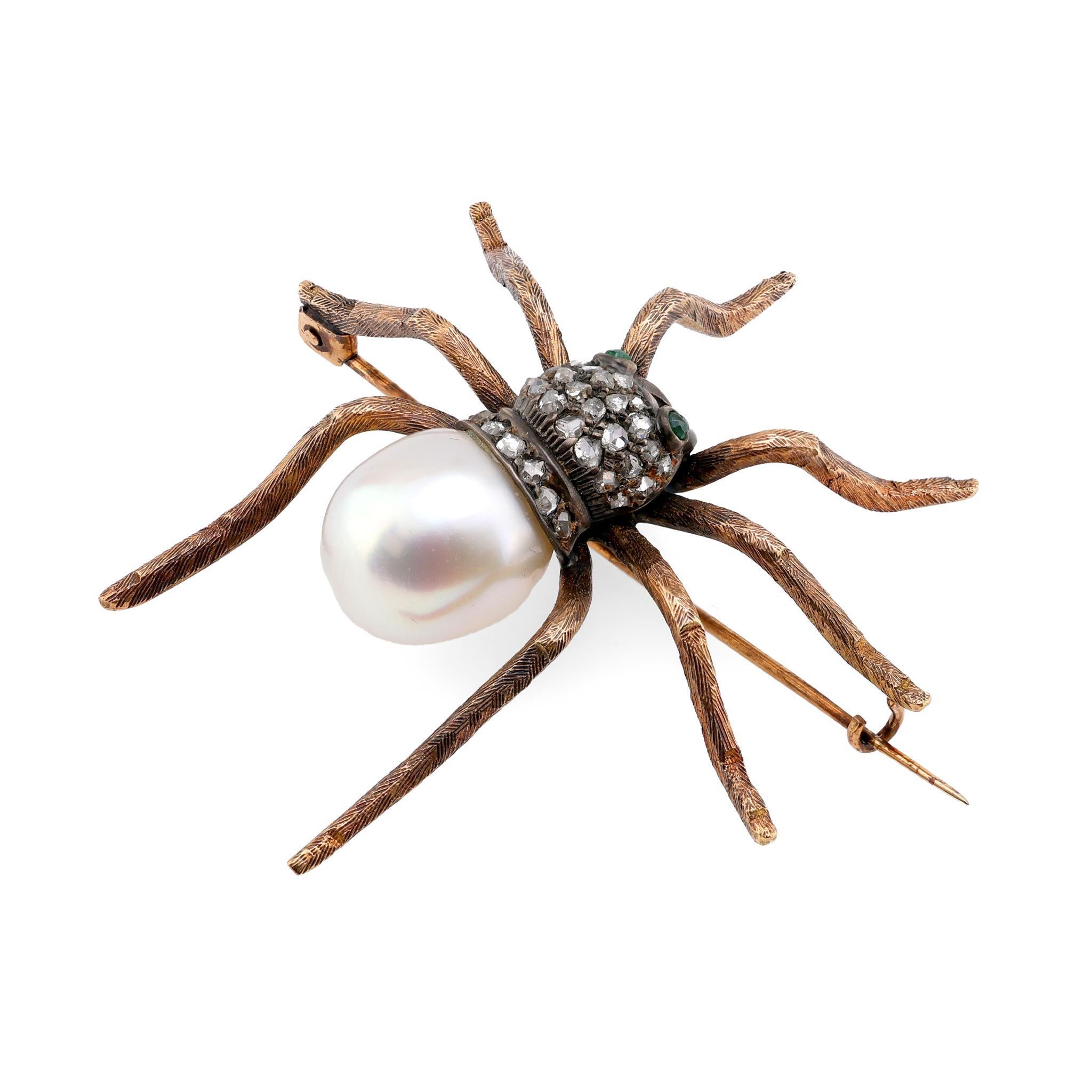 Rose Cut Victorian Revival Inspired Pearl Diamond 18K Rose Gold Silver Tarantula Brooch For Sale