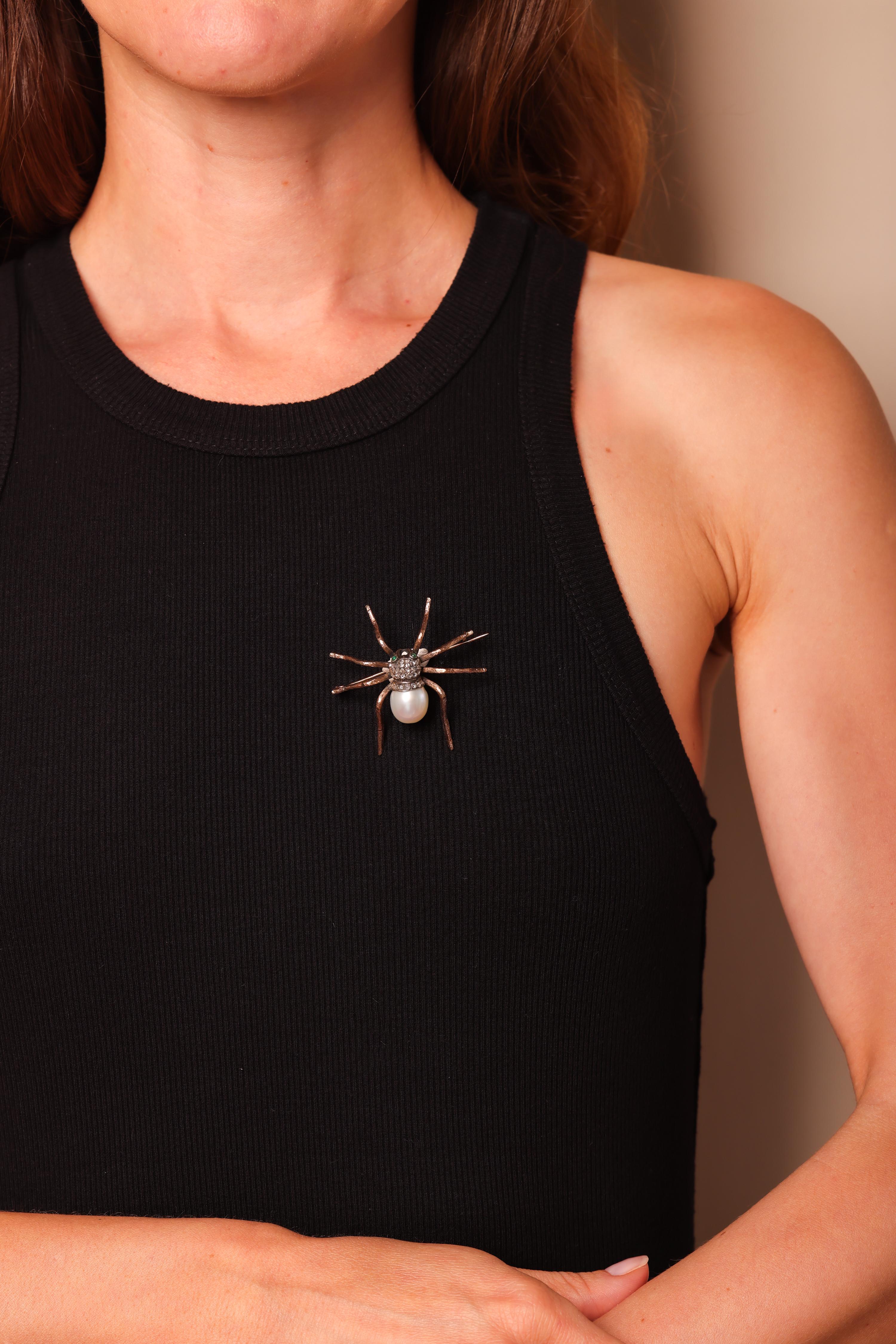 Victorian Revival Inspired Pearl Diamond 18K Rose Gold Silver Tarantula Brooch In Excellent Condition For Sale In Beverly Hills, CA