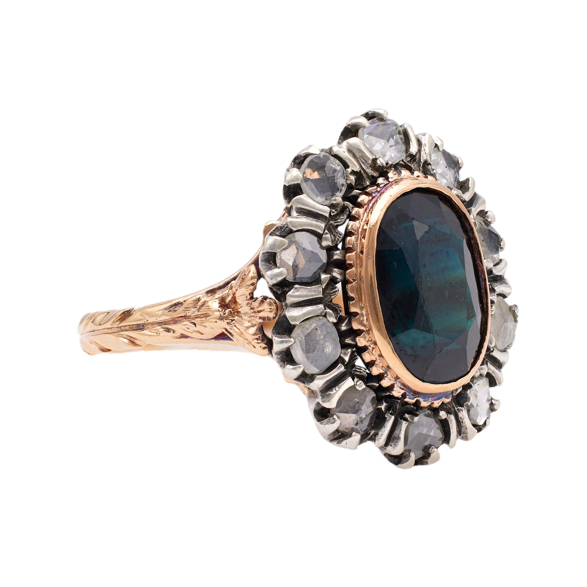 Viktorianischer Revival Italienischer Saphir und Diamant 18k Gelbgold Cluster-Ring für Damen oder Herren im Angebot