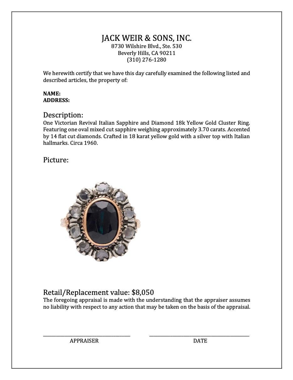 Viktorianischer Revival Italienischer Saphir und Diamant 18k Gelbgold Cluster-Ring im Angebot 1