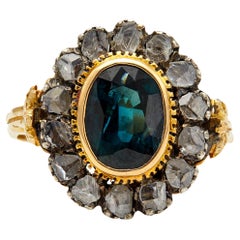 Victorian Revival Italian Sapphire and Diamond 18k Yellow Gold Cluster Ring