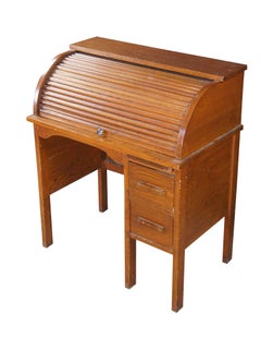 Victorian Revival Oak Childs Cylinder Roll Top Library Writing School Desk Table