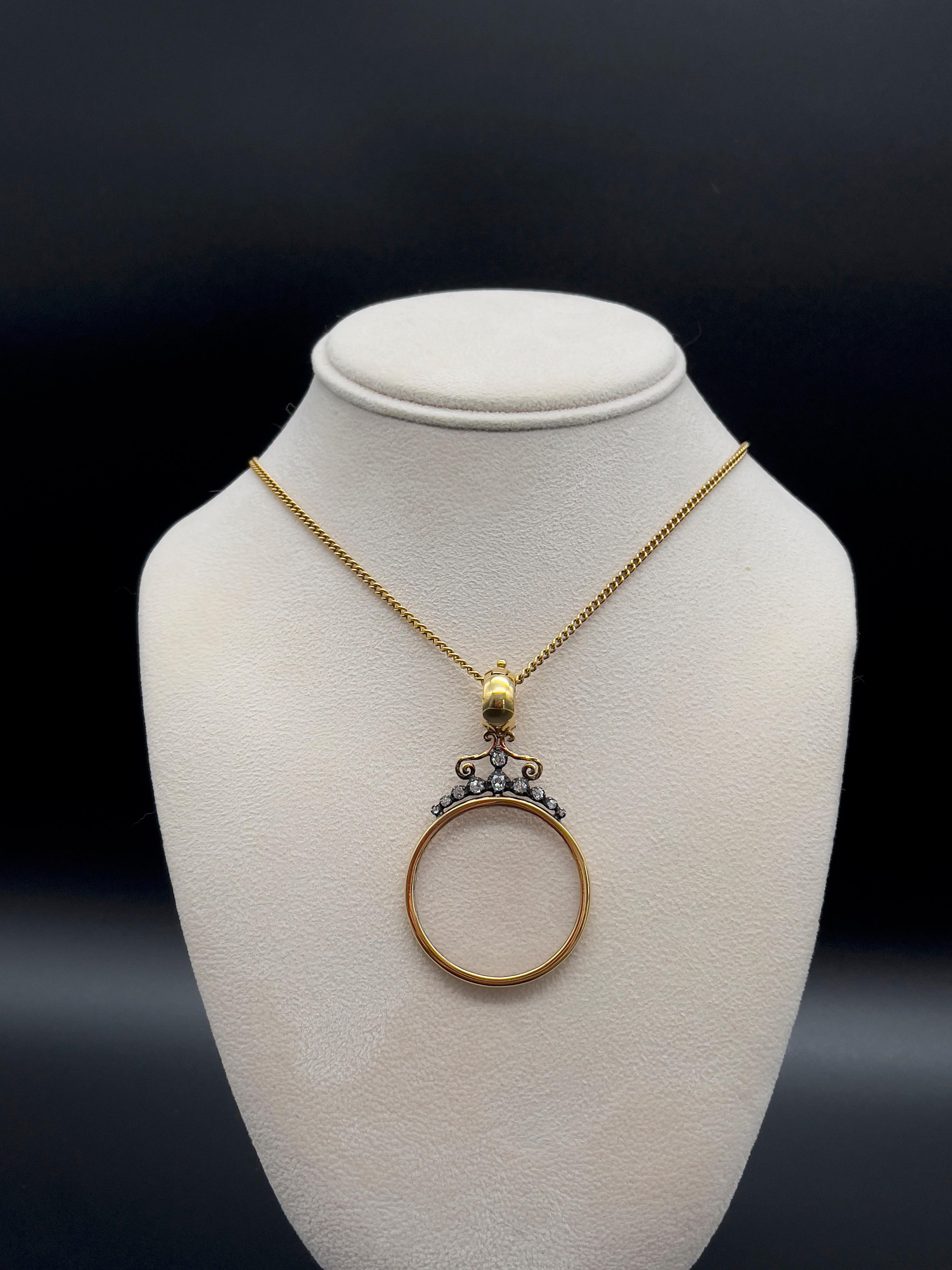 Victorian Monocle Magnifying Glass Diamonds Gold Pendant Necklace  For Sale 2