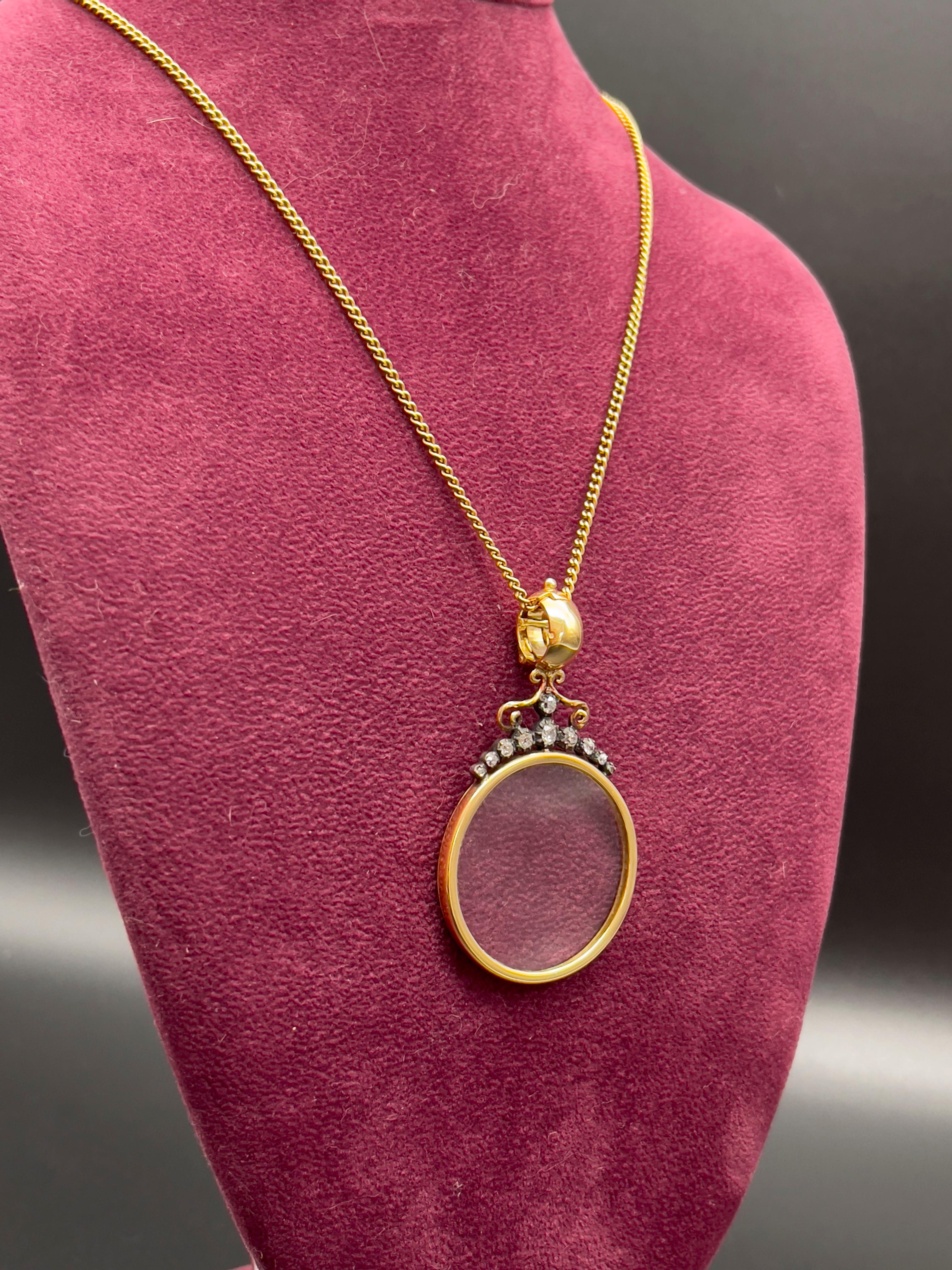 Victorian Monocle Magnifying Glass Diamonds Gold Pendant Necklace  For Sale 1