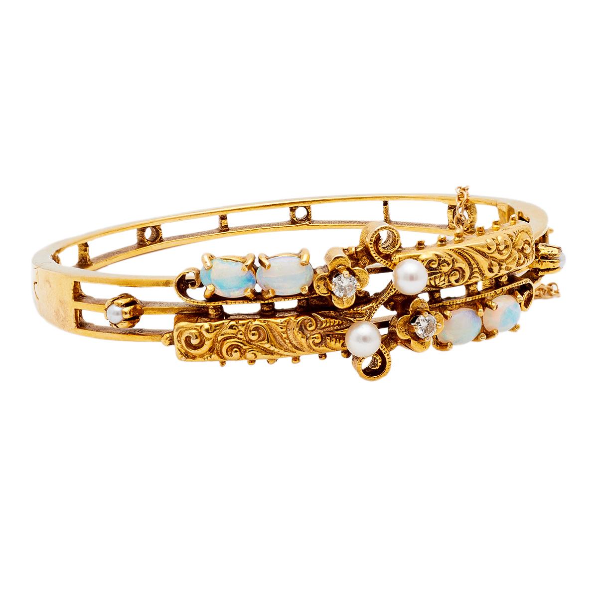 Viktorianisches Revival Opal, Diamant und Perle 14k Gelbgold Scharnier Manschette Armband für Damen oder Herren