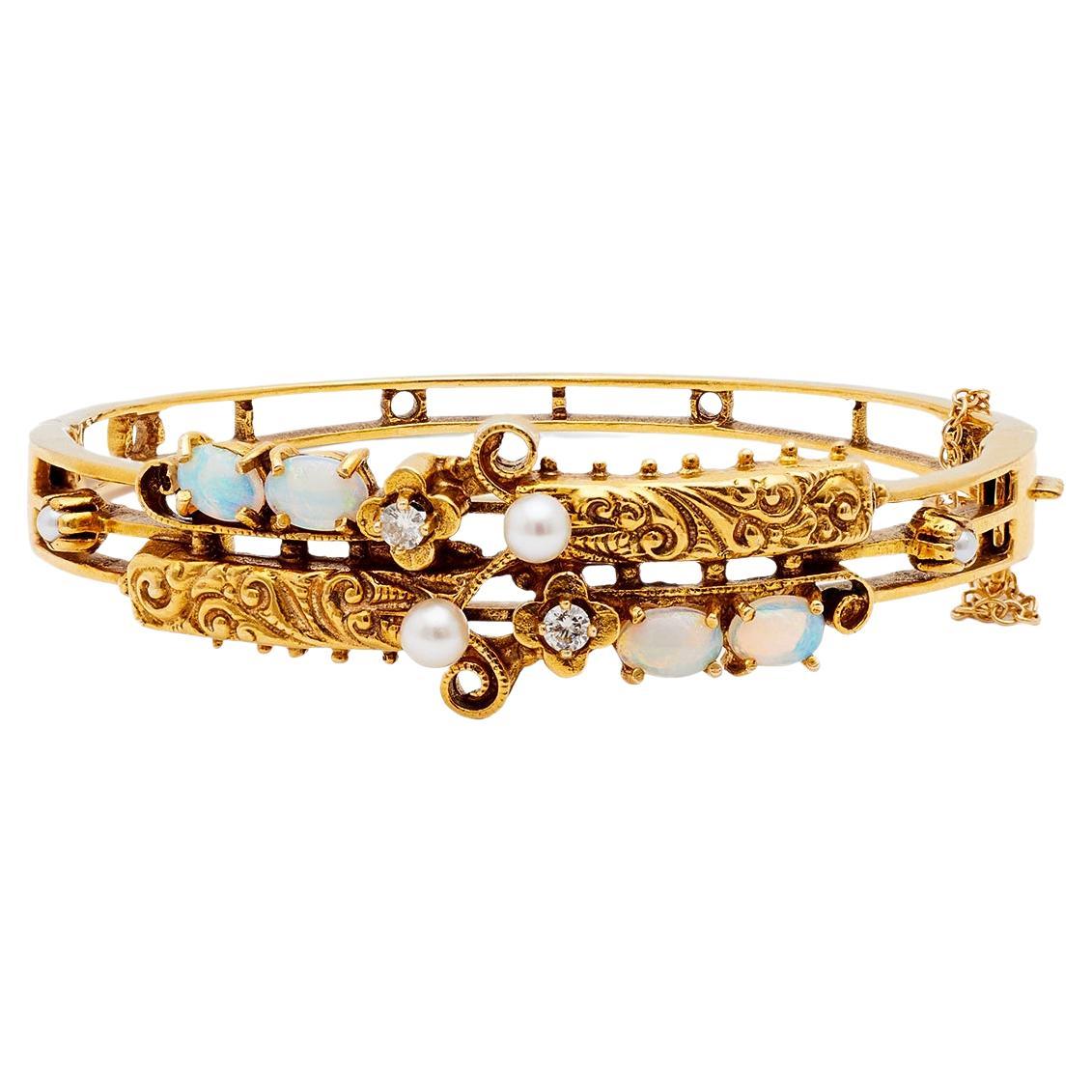 Viktorianisches Revival Opal, Diamant und Perle 14k Gelbgold Scharnier Manschette Armband