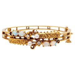 Retro Victorian Revival Opal, Diamond, and Pearl 14k Yellow Gold Hinged Cuff Bracelet