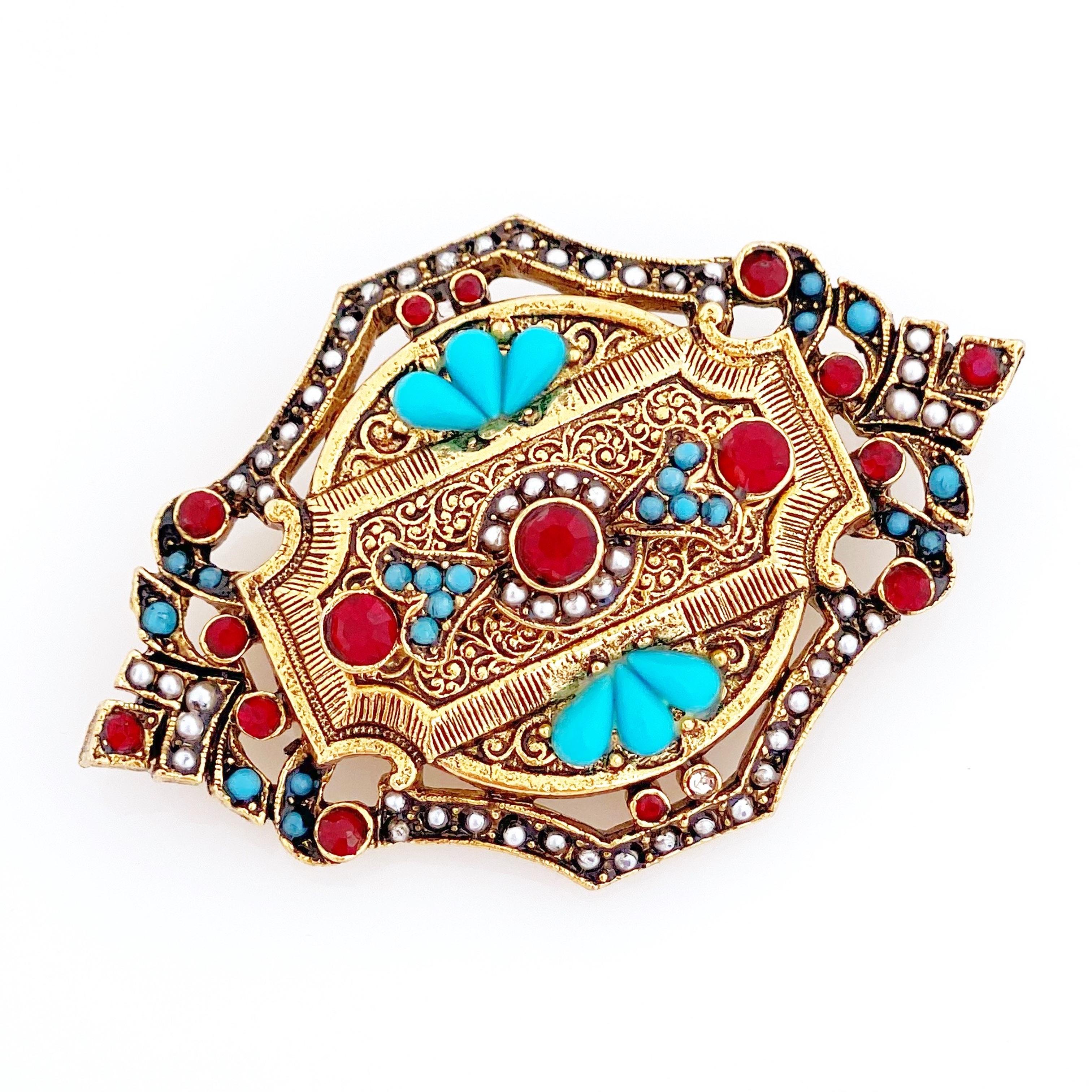 Modern Victorian Revival Ornate Brooch With Ruby Crystals & Turquoise By ModeArt, 1960s