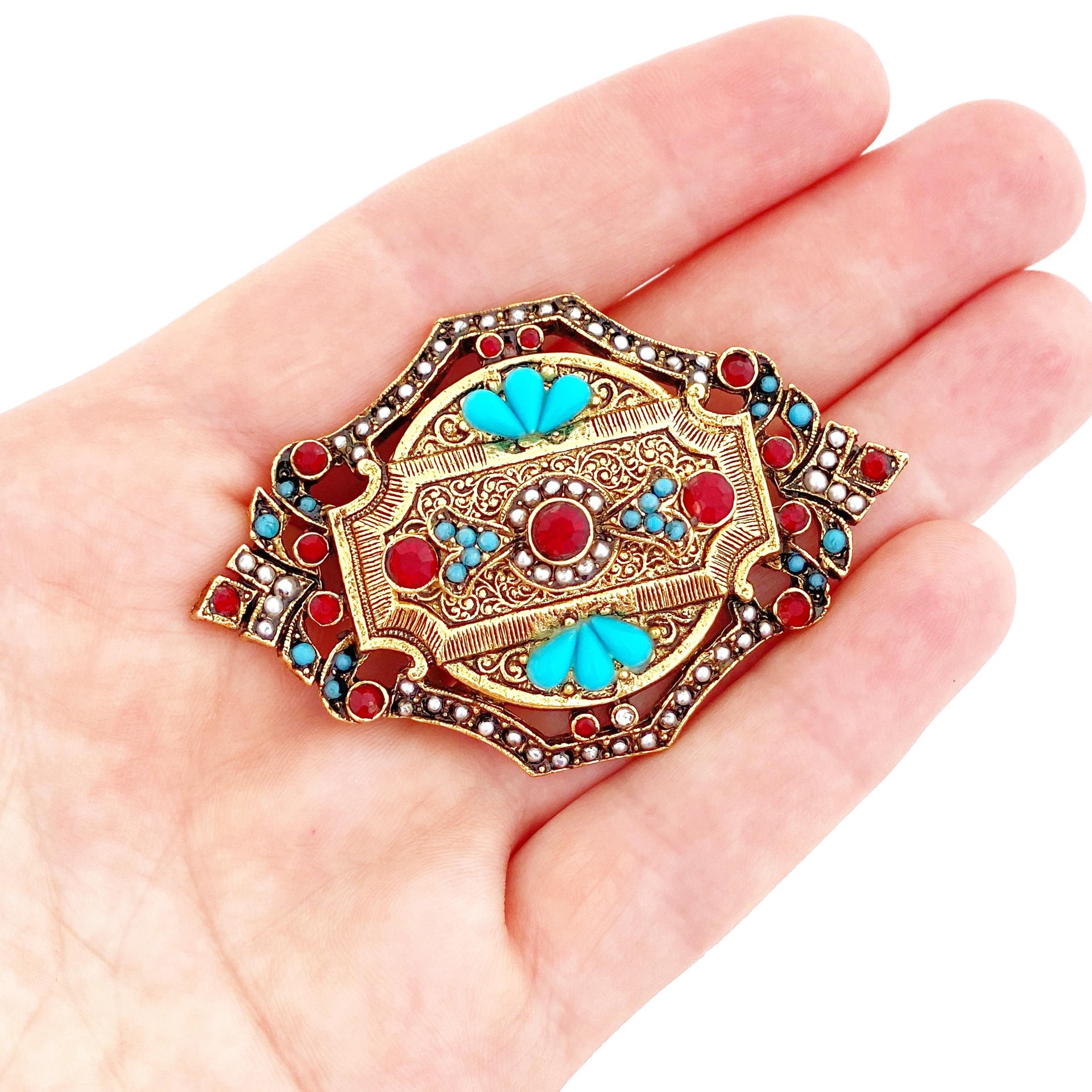 Women's Victorian Revival Ornate Brooch With Ruby Crystals & Turquoise By ModeArt, 1960s