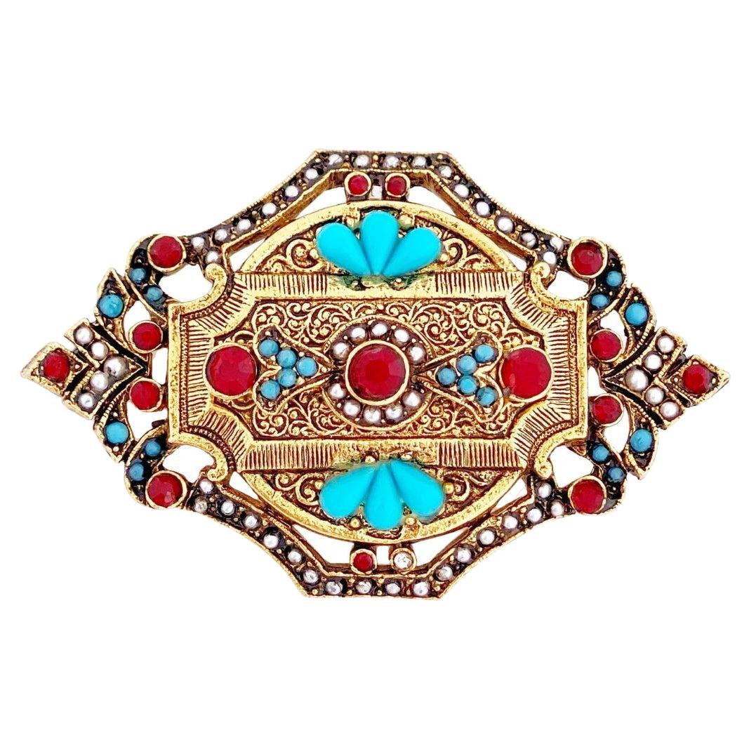 Victorian Revival Ornate Brooch With Ruby Crystals & Turquoise By ModeArt, 1960s