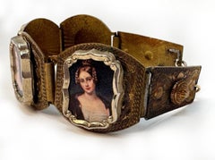 Victorian Revival Paneled Gilt Bracelet of Miniature Victorian Portraits
