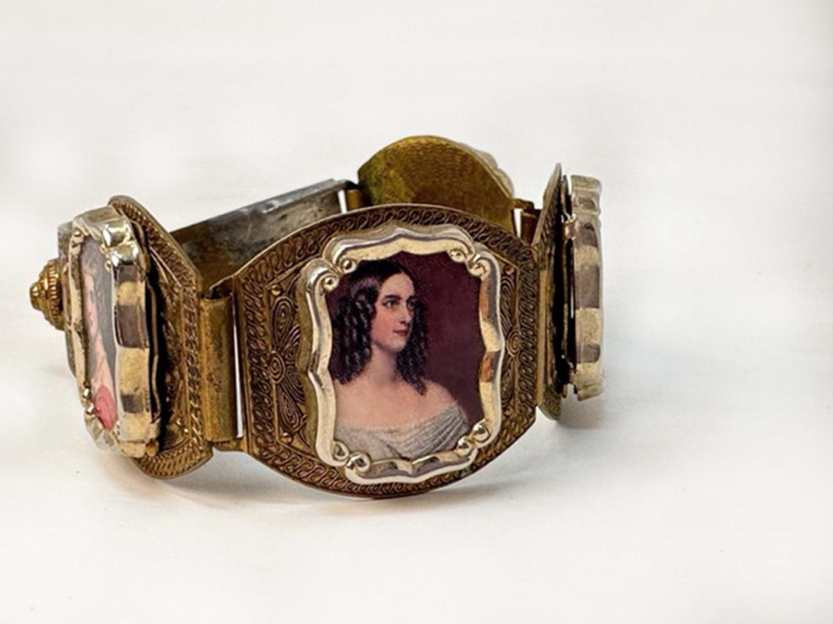 Women's Victorian Revival Paneled Gilt Bracelet of Miniature Victorian Portraits For Sale