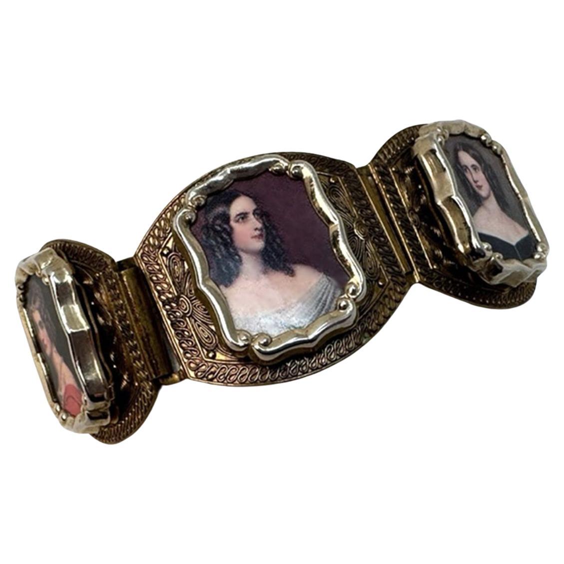 Victorian Revival Paneled Gilt Bracelet of Miniature Victorian Portraits For Sale