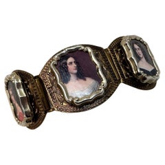 Victorian Revival Paneled Gilt Bracelet of Miniature Victorian Portraits