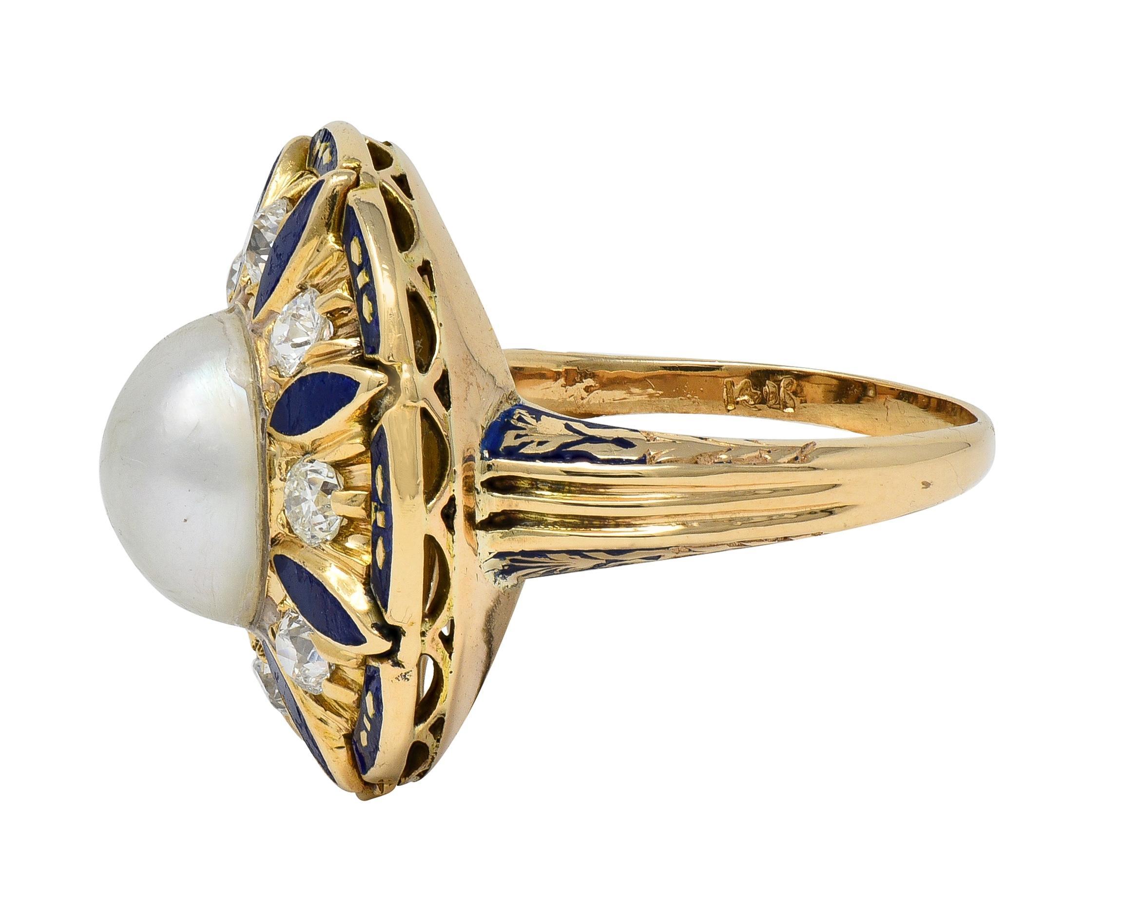Vittoriano Anello aureola vintage in oro 14 carati con perle e diamanti di epoca rinascimentale in vendita