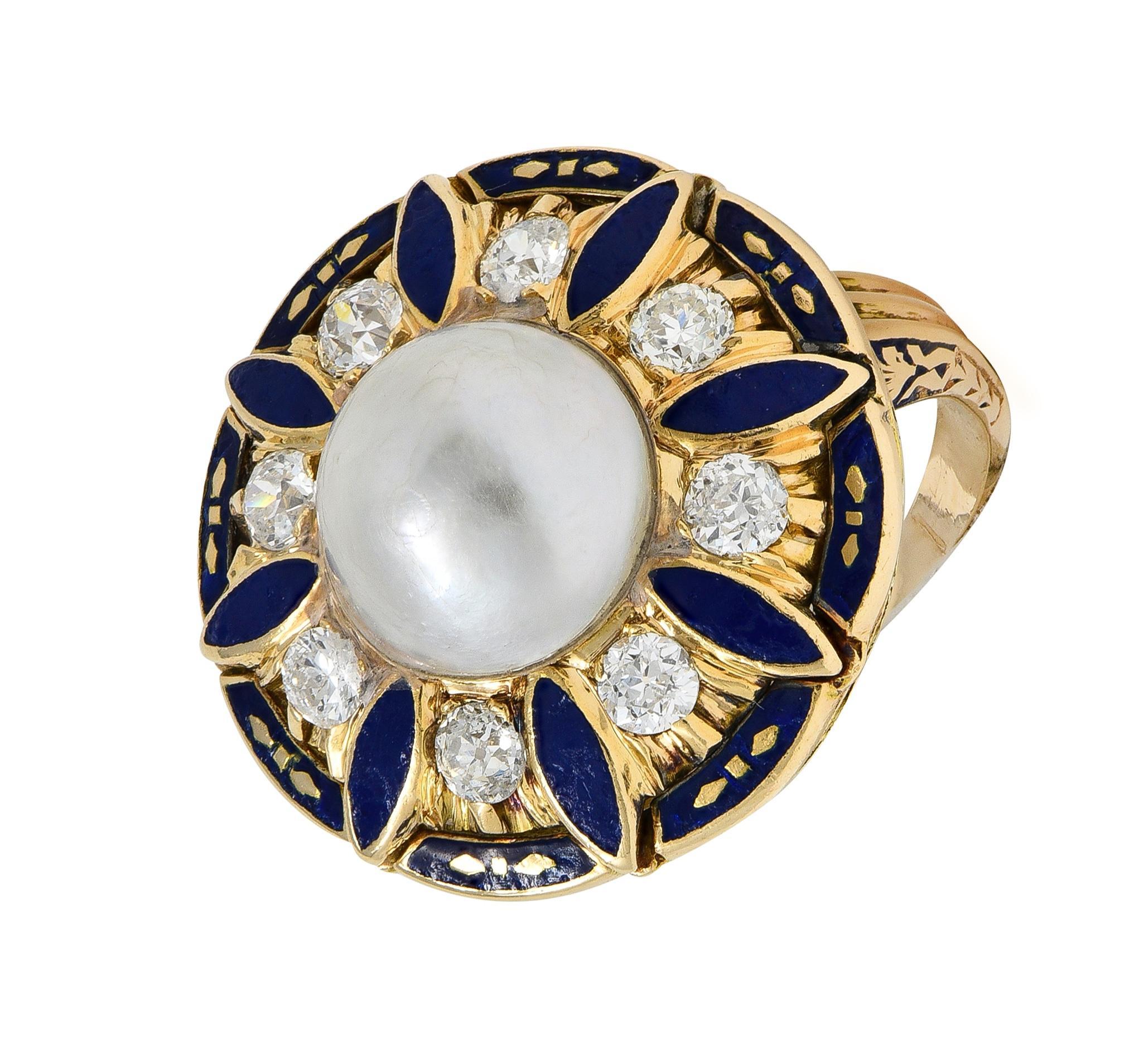 da uomo o donna Anello aureola vintage in oro 14 carati con perle e diamanti di epoca rinascimentale in vendita