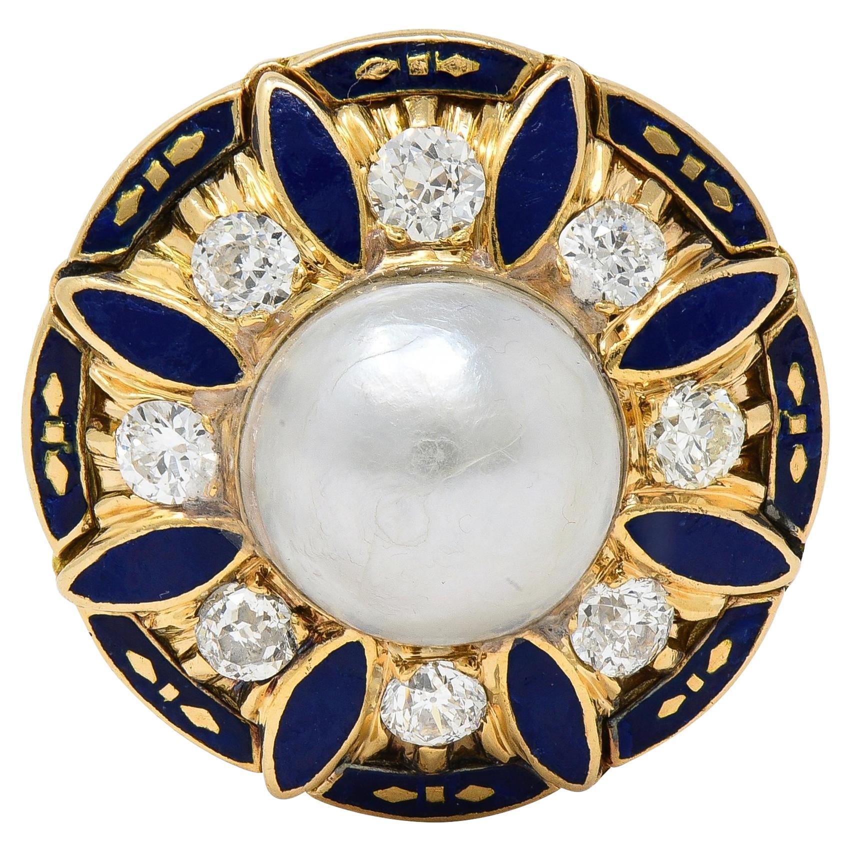 Anello aureola vintage in oro 14 carati con perle e diamanti di epoca rinascimentale