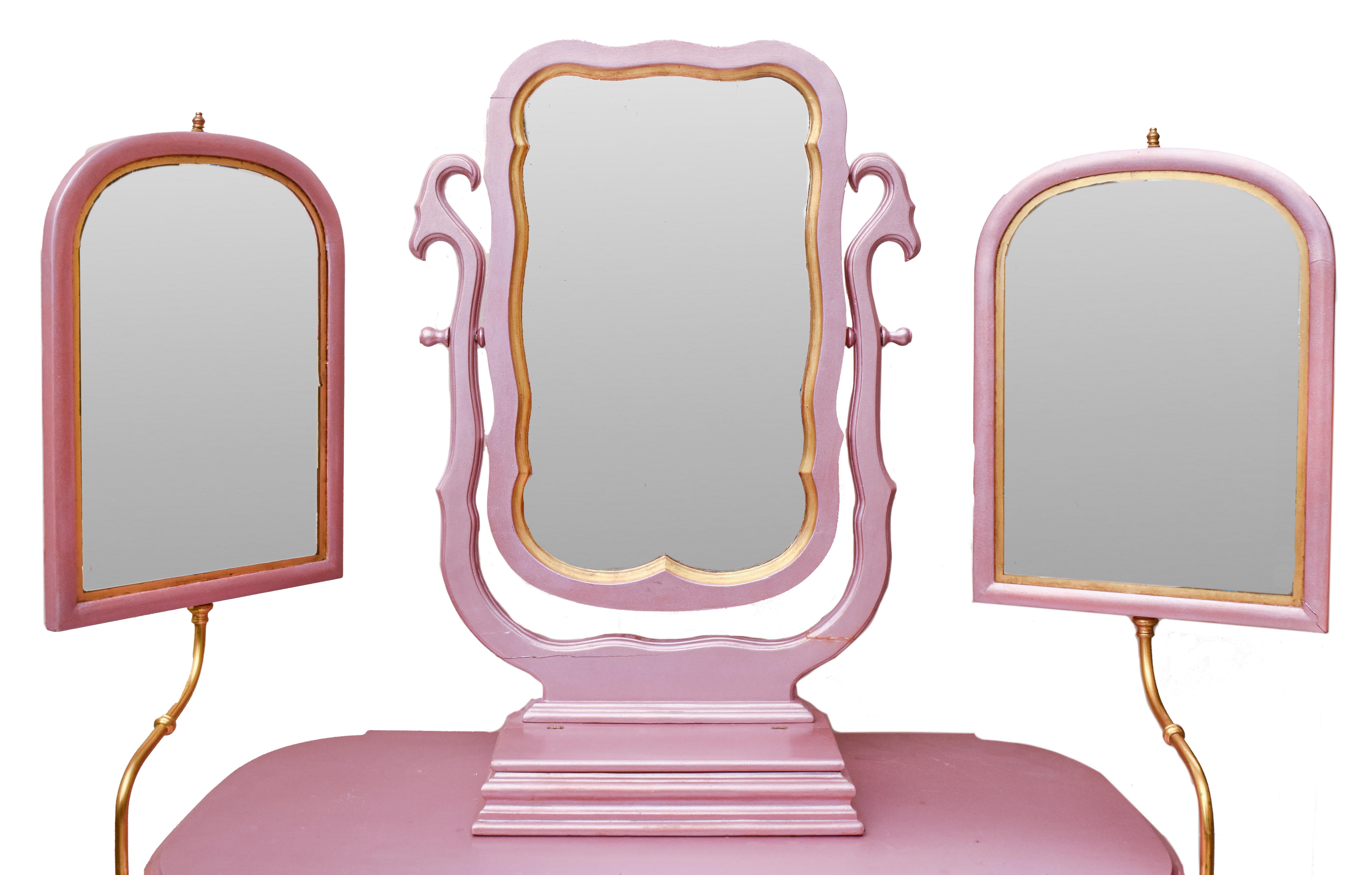 Victorian Revival pink vanity maquilleuse table with gilt embellishments, three adjustable mirrors. 63