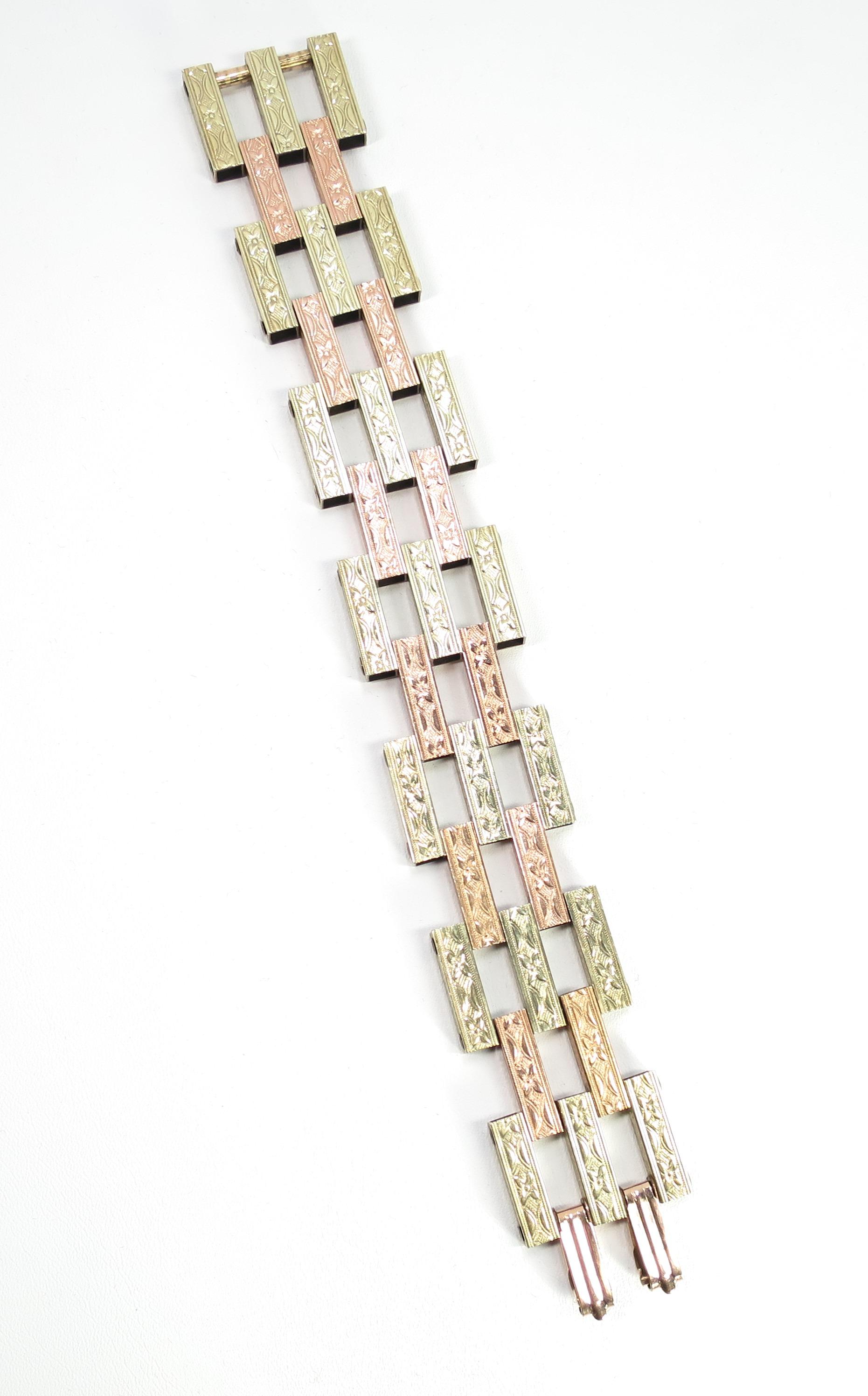 Women's or Men's Victorian Revival Rose & Yellow Gold Etched Link Bracelet, 1920s For Sale