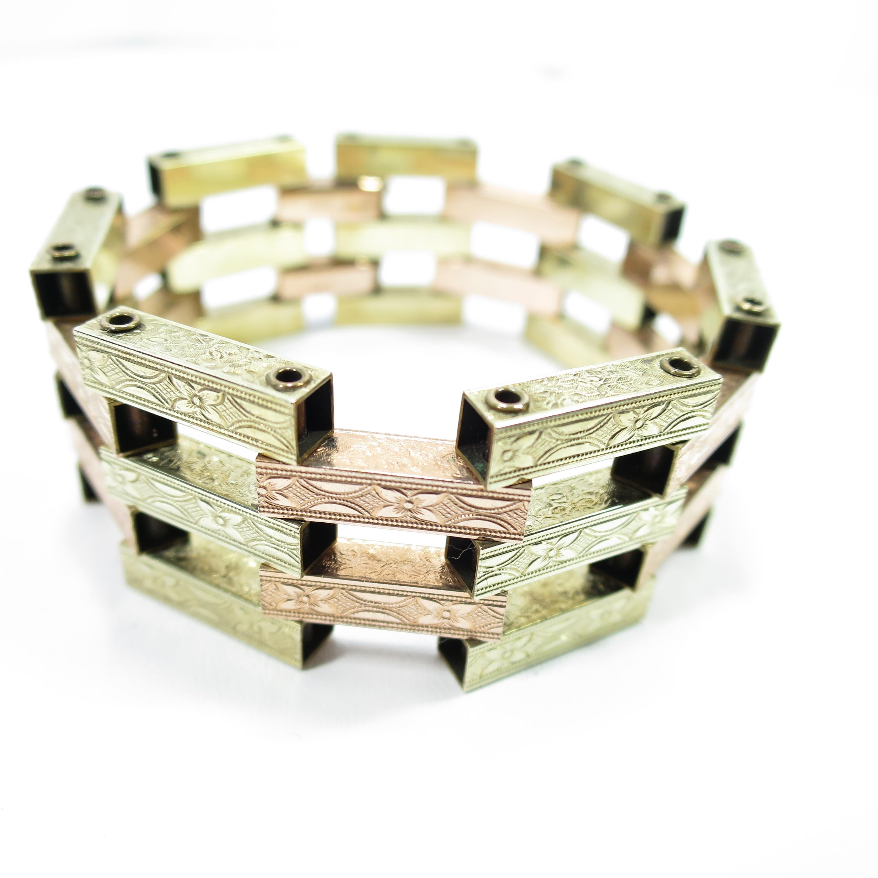 Victorian Revival Rose & Yellow Gold Etched Link Bracelet, 1920s For Sale 5