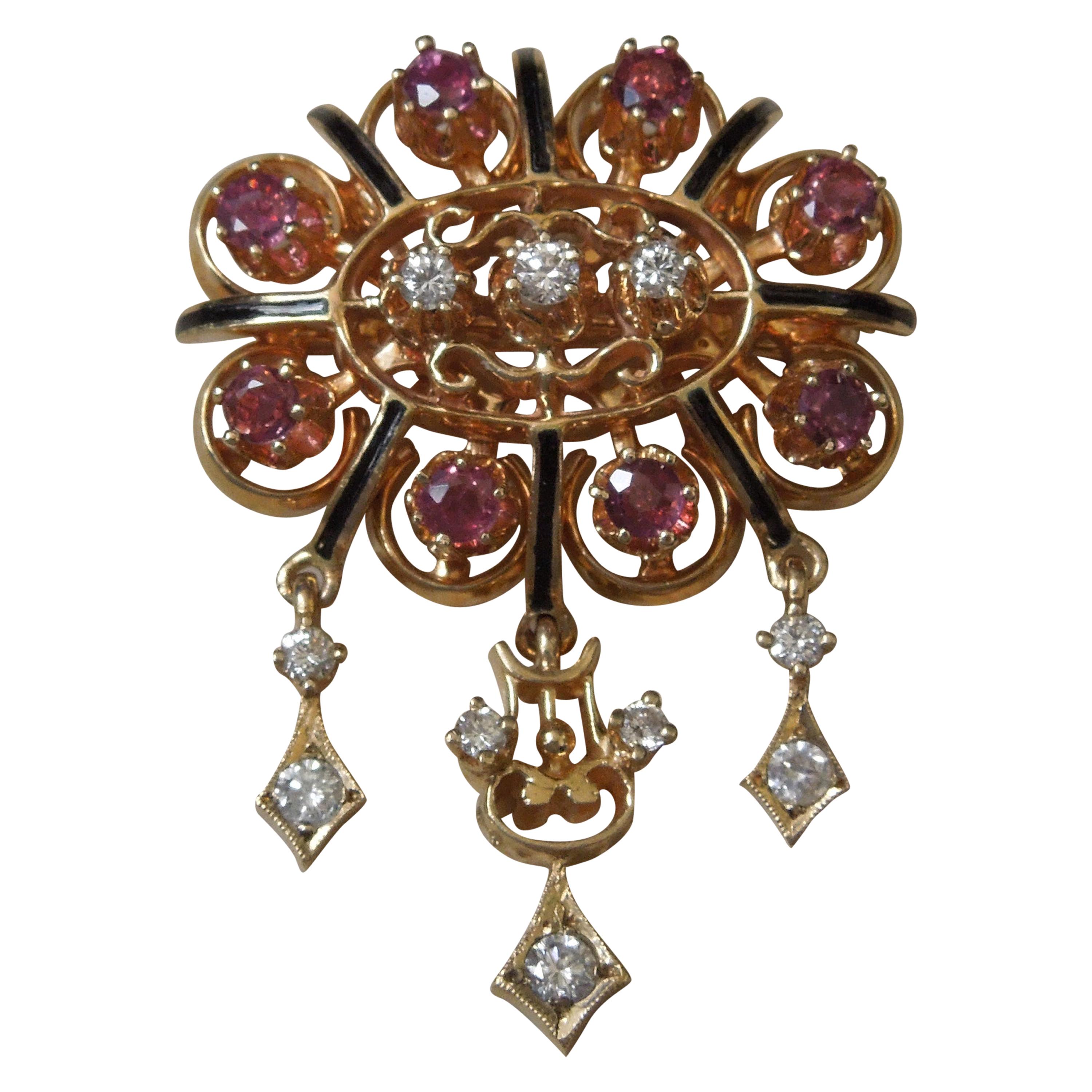 Victorian Revival Ruby and Diamond Pin Pendant For Sale