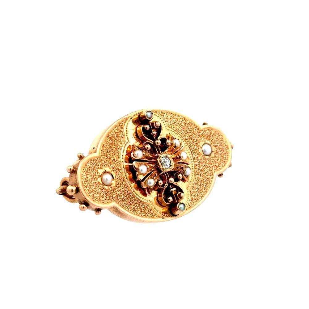 Simply Beautiful! Victorian Revival Seed Pearl and Diamond Brooch Pin. Hand set with Seed pearls and 0.03 Carat Diamond. Measuring approx. 1.65
