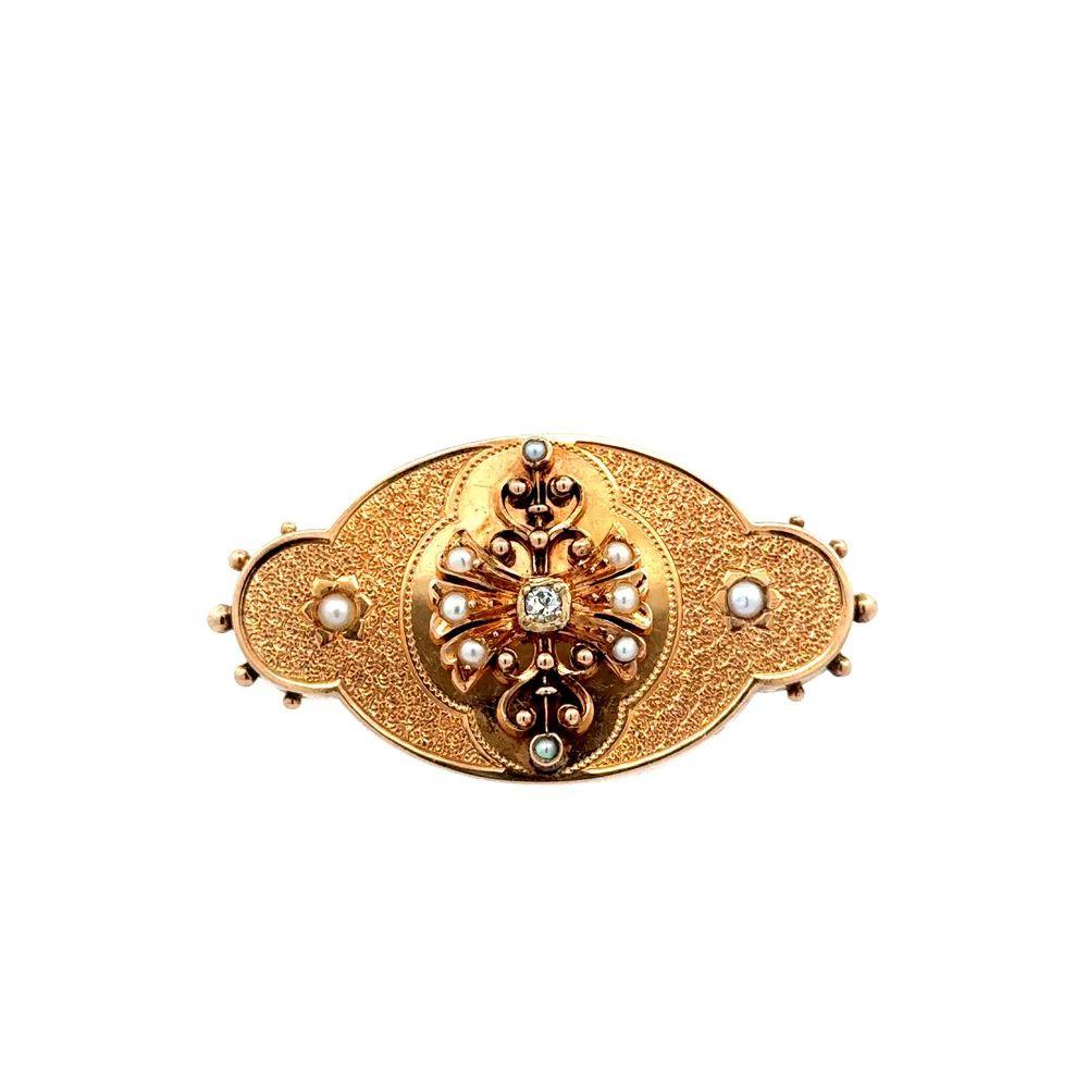 Round Cut Victorian Revival Seed Pearl and Diamond Antique Gold Brooch For Sale