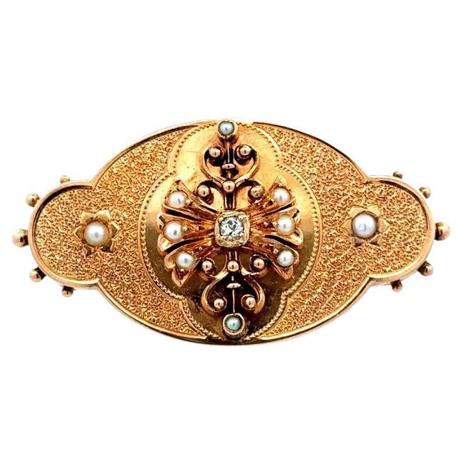 Victorian Revival Seed Pearl and Diamond Antique Gold Brooch