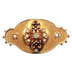 Victorian Revival Seed Pearl and Diamond Antique Gold Brooch