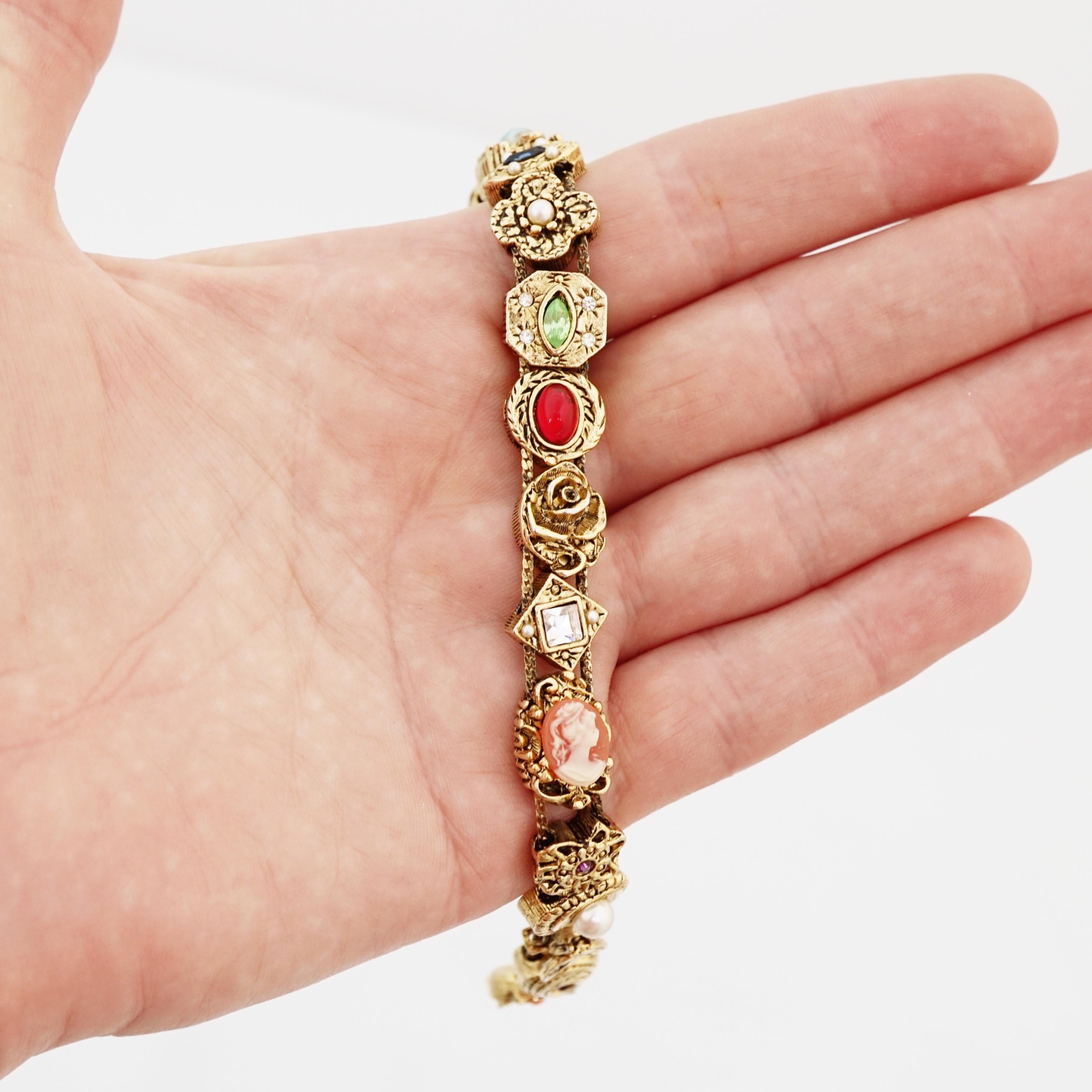 Victorian Revival Slider Charm Bracelet By Goldette, 1960s In Good Condition In McKinney, TX