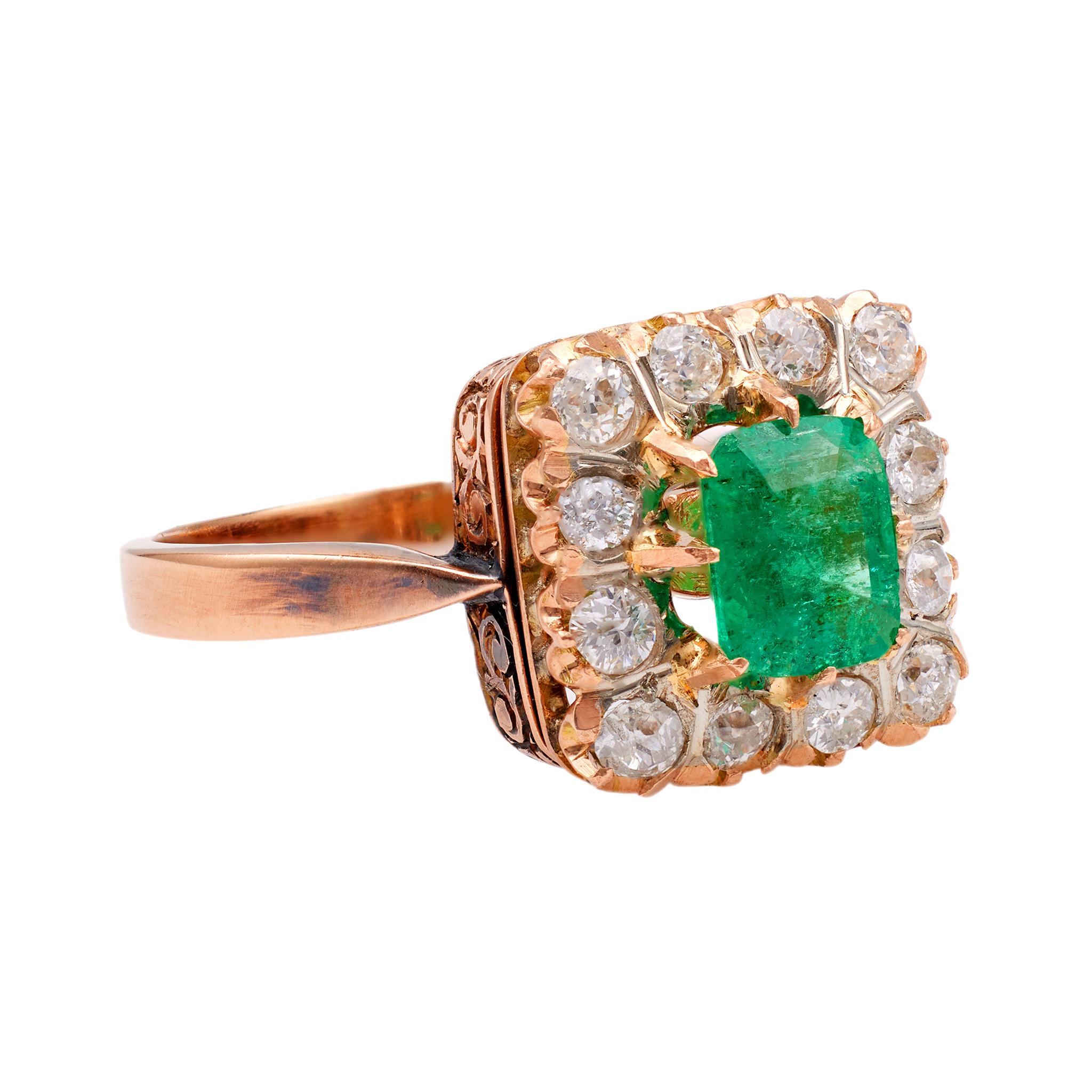 Women's or Men's Victorian Revival Square Emerald Diamond 18k Rose Gold Cluster Ring For Sale