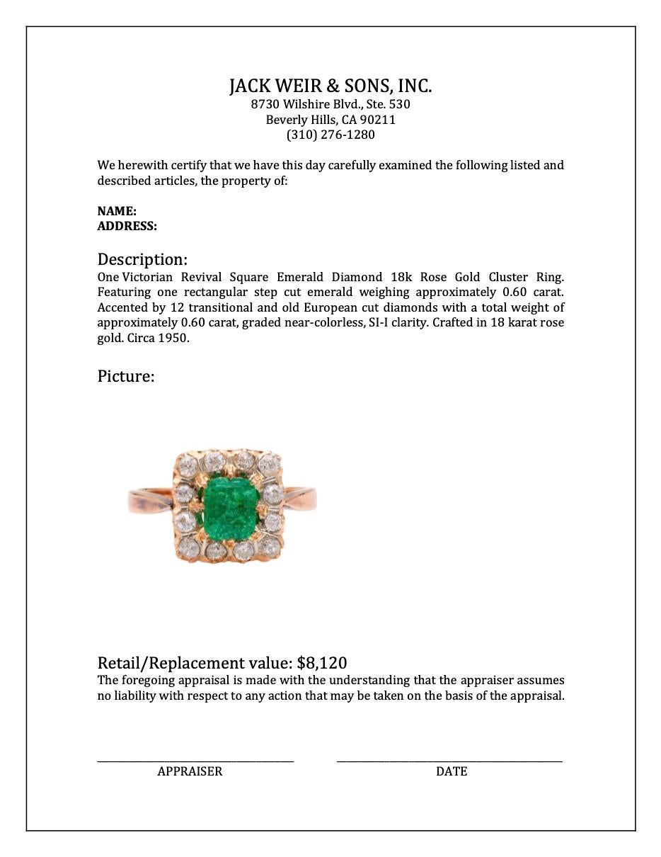 Victorian Revival Square Emerald Diamond 18k Rose Gold Cluster Ring For Sale 1