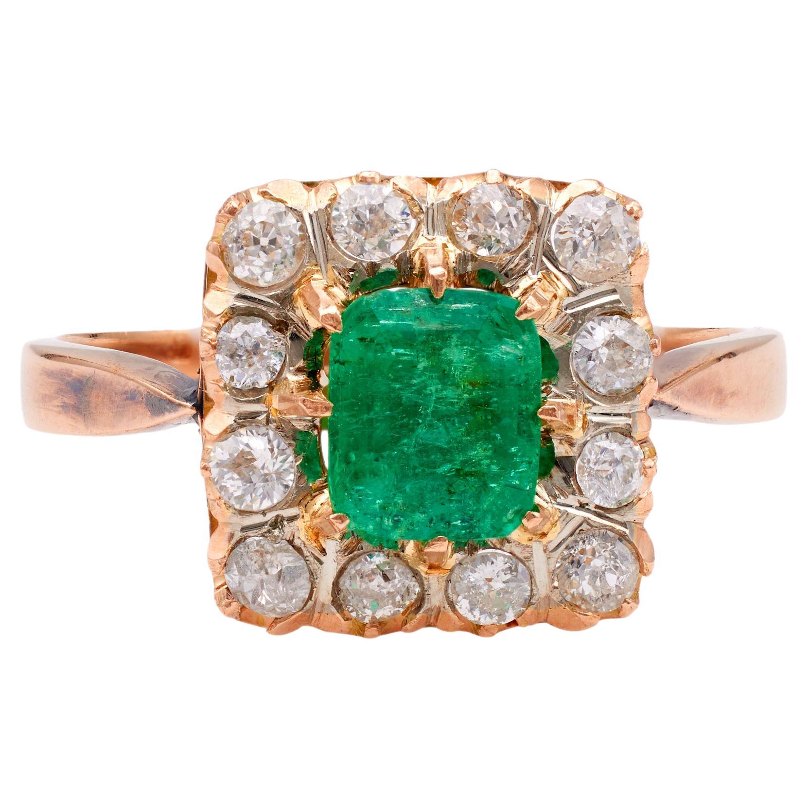 Victorian Revival Square Emerald Diamond 18k Rose Gold Cluster Ring For Sale