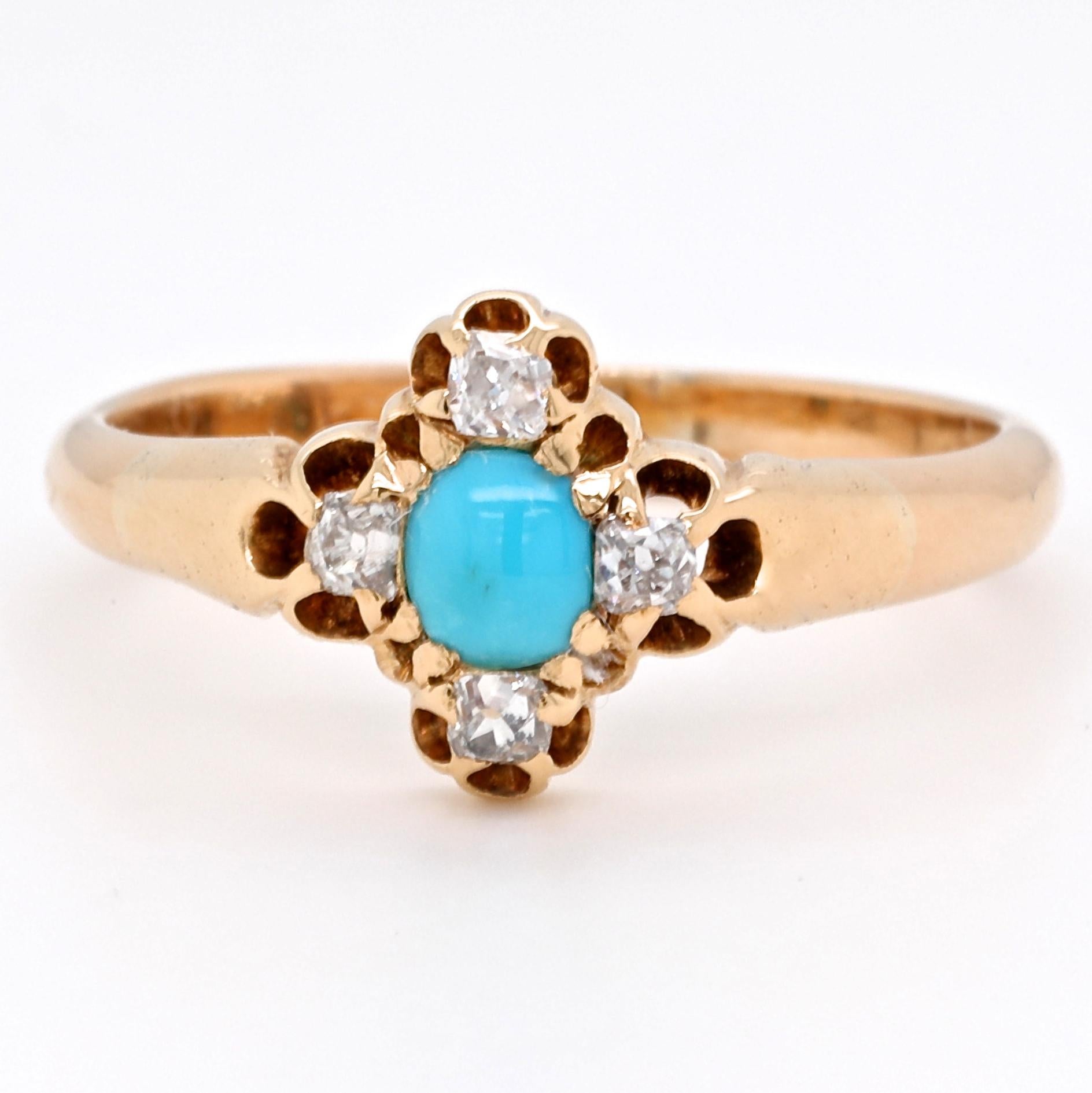 Yellow gold and teal blue Turquoise could be winning combination for you. Feel yourself like an Egyptian goddess wearing this eye-catching ring. The Victorian Revival Turquoise Diamond 14k Gold Ring will be a great addition to your antique jewelry