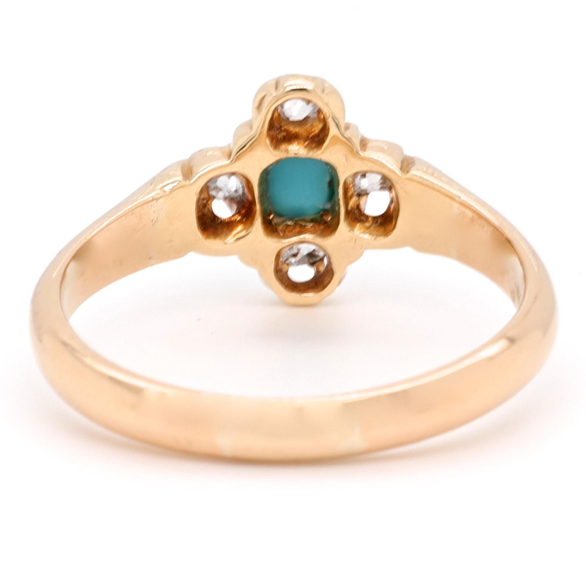 Cabochon Victorian Revival Turquoise Diamond 14 Karat Gold Ring