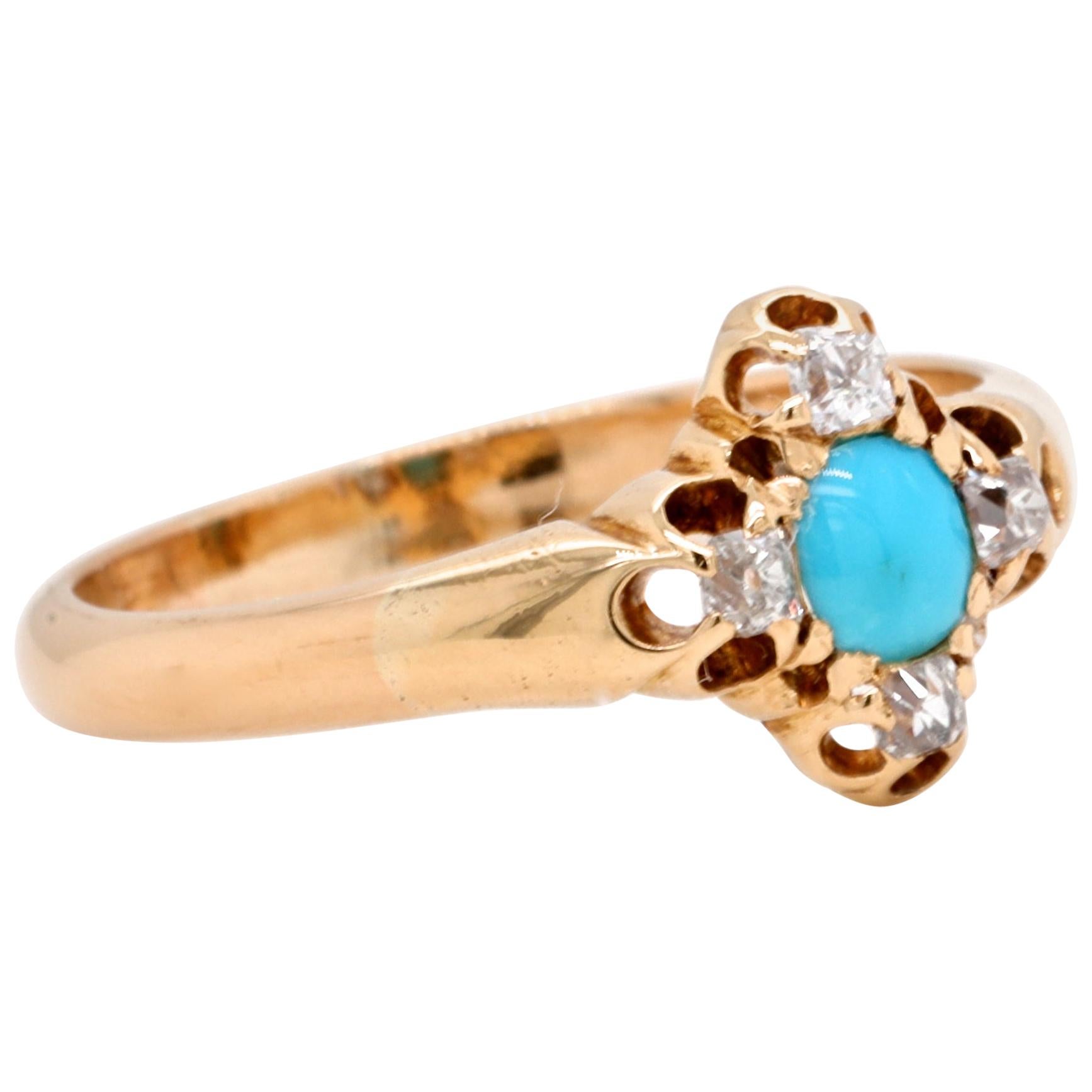 Victorian Revival Turquoise Diamond 14 Karat Gold Ring