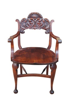 Victorian Revival Walnut Saddle Seat Carved Acanthus Armchair