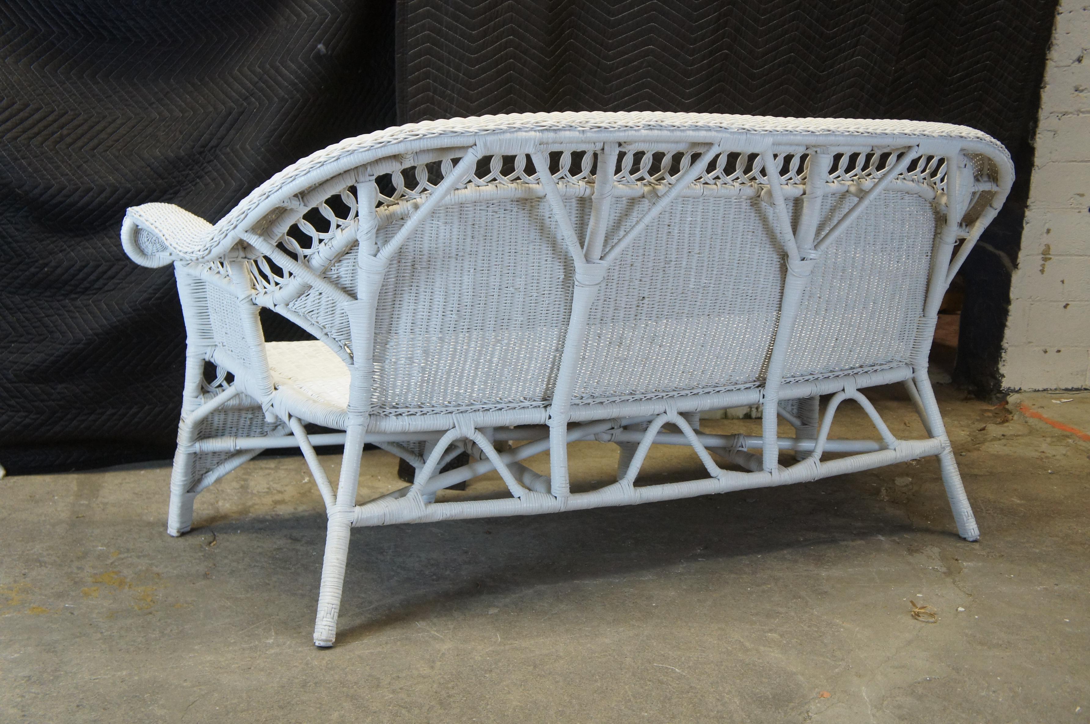 Victorian Revival White Wicker Rattan Rolled Arm Sofa Settee Love Seat Boho Chic 6