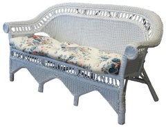 Victorian Revival White Wicker Rattan Rolled Arm Sofa Settee Love Seat Boho Chic