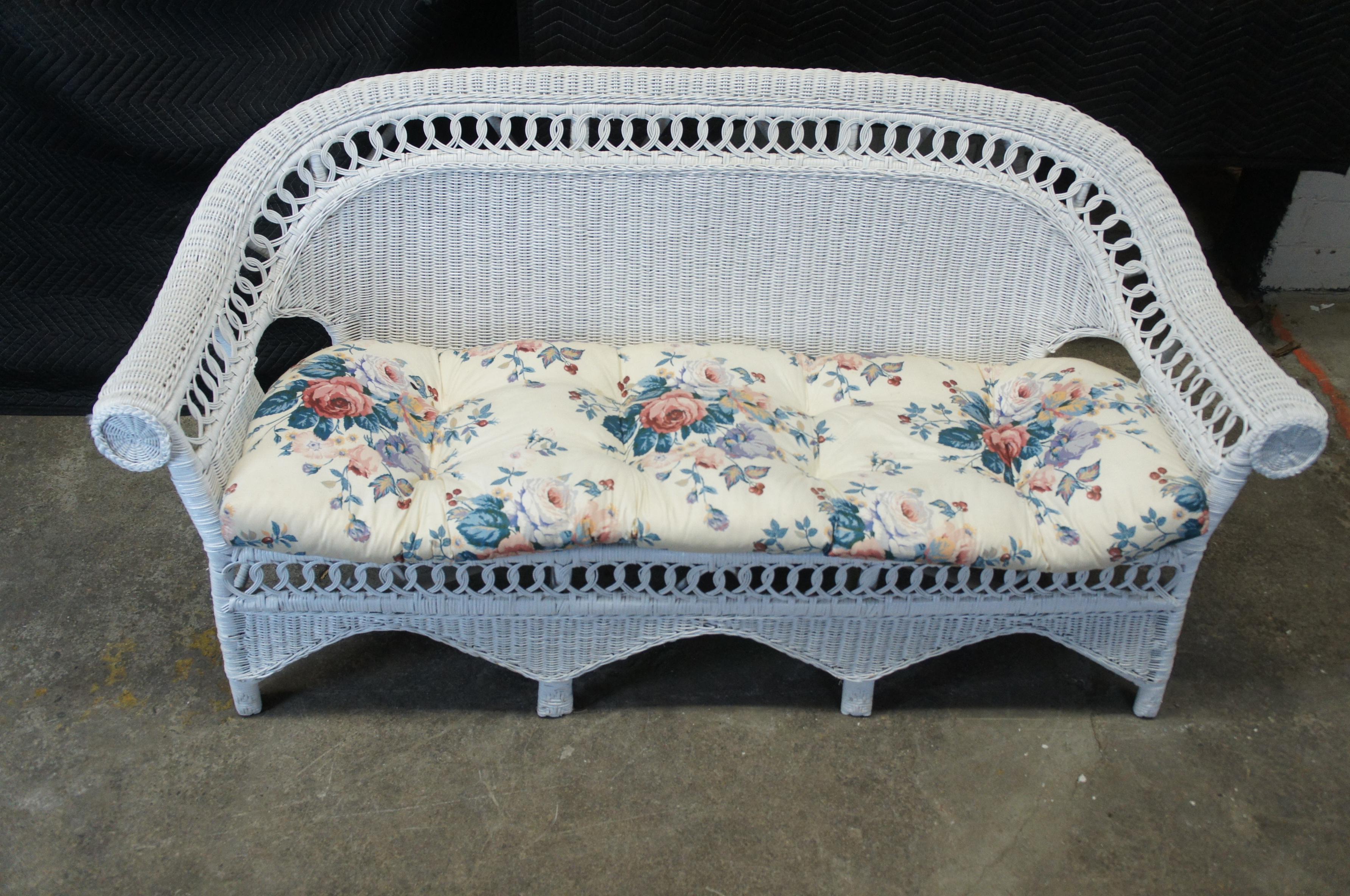 Mid-20th Century Victorian Revival White Wicker Rattan Rolled Arm Sofa Settee Love Seat Boho Chic