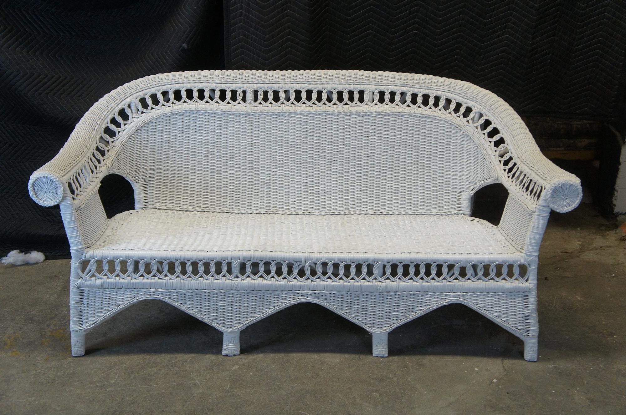 Upholstery Victorian Revival White Wicker Rattan Rolled Arm Sofa Settee Love Seat Boho Chic