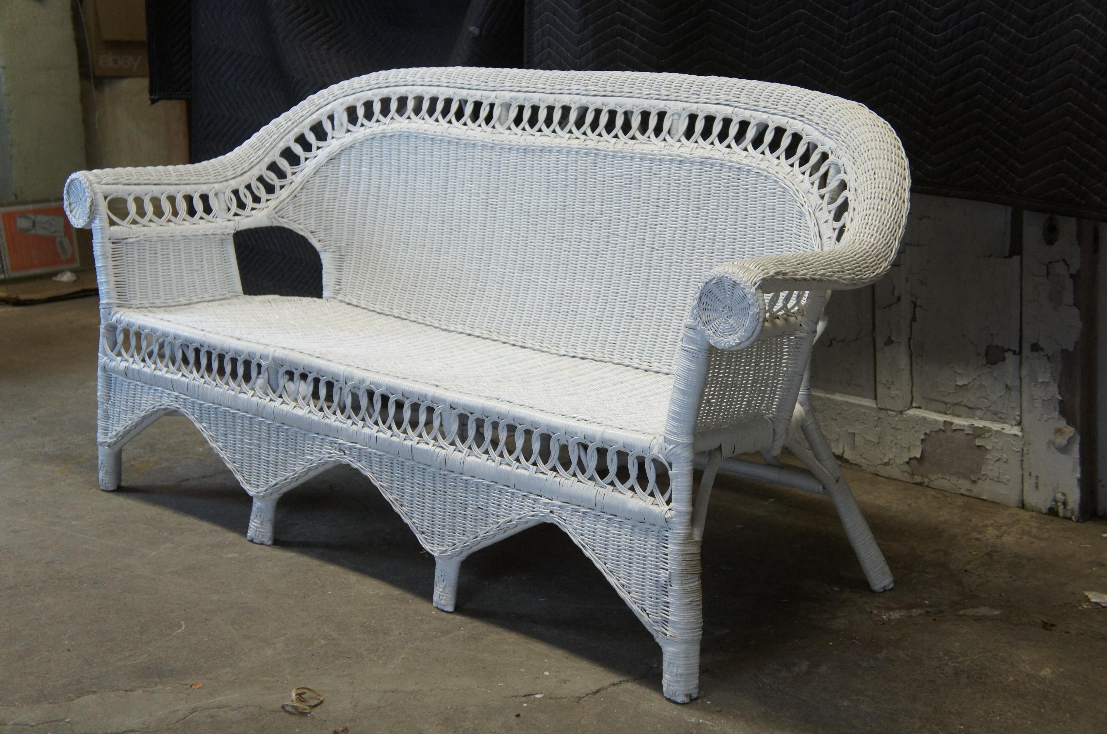 Victorian Revival White Wicker Rattan Rolled Arm Sofa Settee Love Seat Boho Chic 1