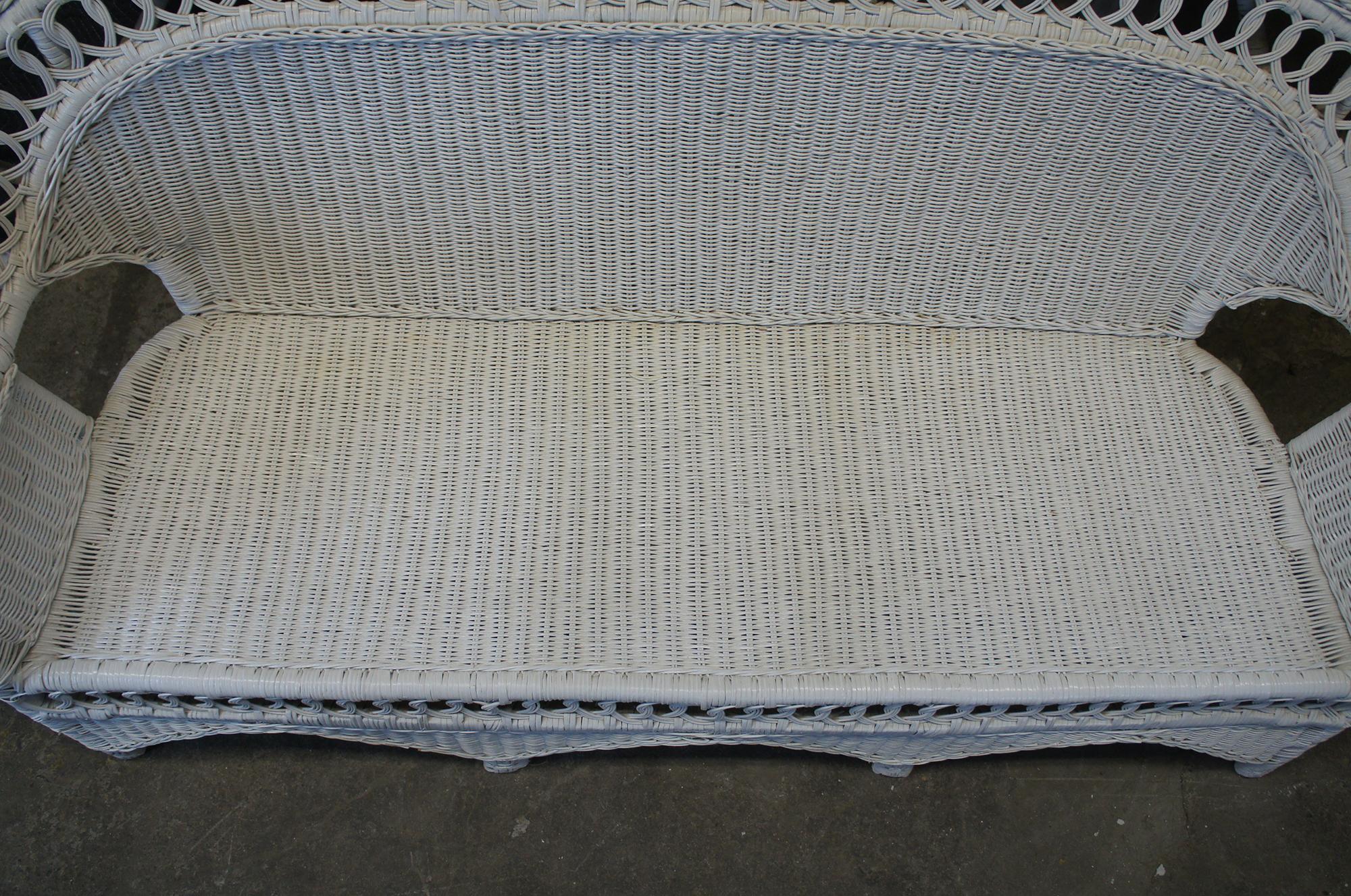 Victorian Revival White Wicker Rattan Rolled Arm Sofa Settee Love Seat Boho Chic 4